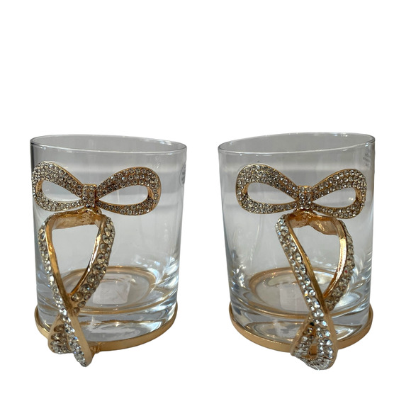 Gold & Rhinestone BOW Handle Glass Mug Coffee Tea Cup Set of 2 Glam Kitchen New - Picture 12 of 16